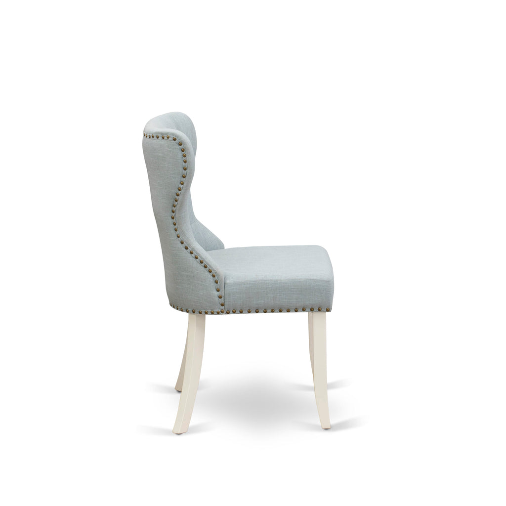 East West Furniture X077SI215-6 6-Pc Dining Set- 4 Dining Chairs with Baby Blue Linen Fabric Seat and Button Tufted Chair Back - Dining Table and Dining Bench (Distressed Jacobean Finish)