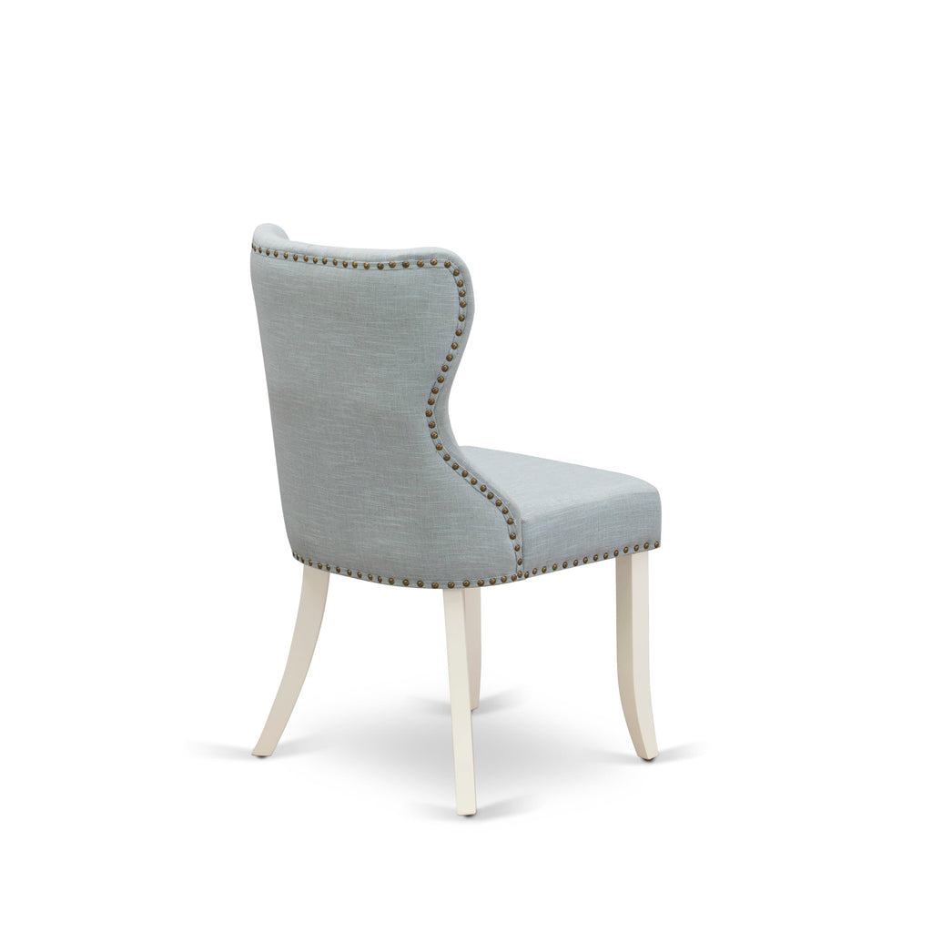 East West Furniture X077SI215-6 6-Pc Dining Set- 4 Dining Chairs with Baby Blue Linen Fabric Seat and Button Tufted Chair Back - Dining Table and Dining Bench (Distressed Jacobean Finish)