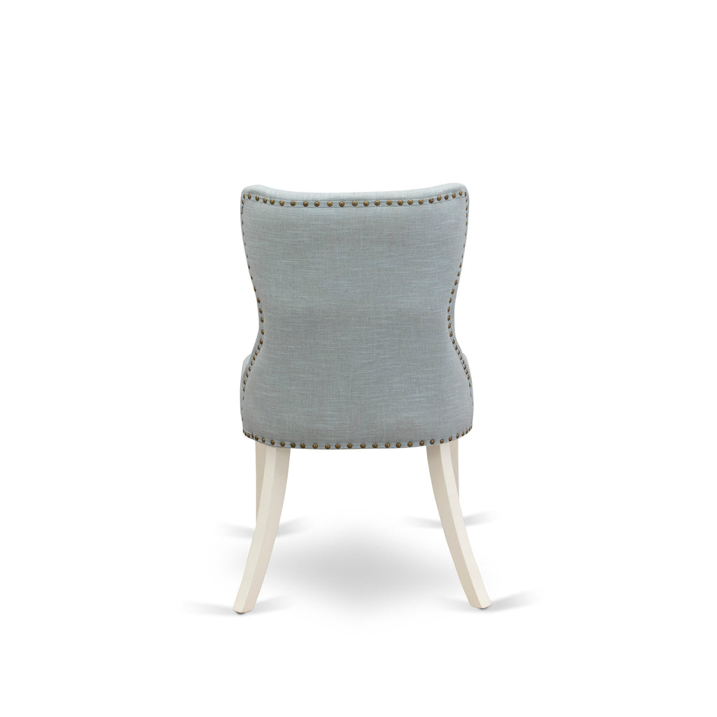 East West Furniture X077SI215-6 6-Pc Dining Set- 4 Dining Chairs with Baby Blue Linen Fabric Seat and Button Tufted Chair Back - Dining Table and Dining Bench (Distressed Jacobean Finish)