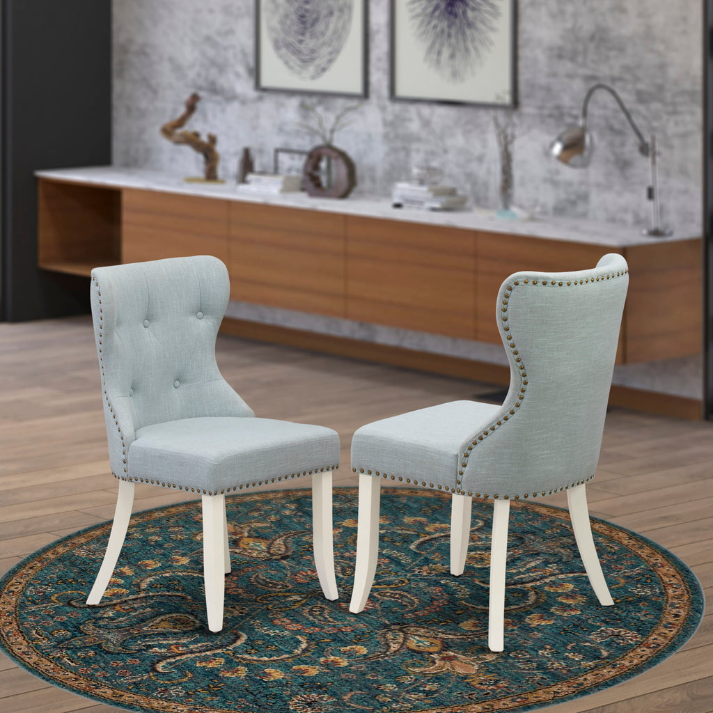 East West Furniture X077SI215-6 6-Pc Dining Set- 4 Dining Chairs with Baby Blue Linen Fabric Seat and Button Tufted Chair Back - Dining Table and Dining Bench (Distressed Jacobean Finish)