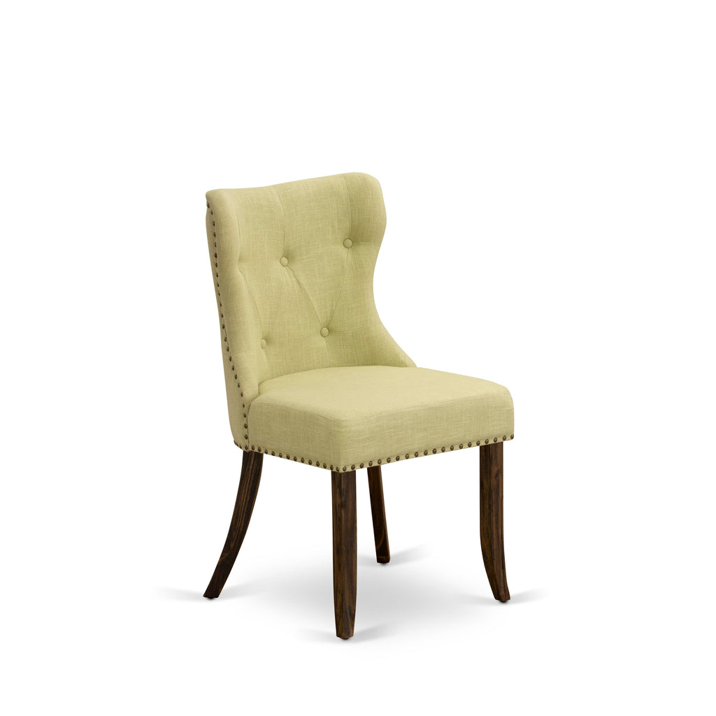 East West Furniture X777SI737-7 7-Pc Dining Table Set- 6 Upholstered Dining Chairs with Limelight Linen Fabric Seat and Button Tufted Chair Back - Rectangular Table top & Wooden Cross Legs (Distressed Jacobean Finish)