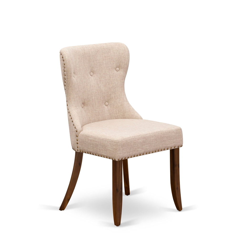 Luxe by East West Furniture - LKSI7-AWA-04 - 7-piece Modern Dining Set consists of a Wooden Table and 6 Light Tan Linen Fabric Modern Dining Chairs with Button Tufted Back - Antique Walnut Finish