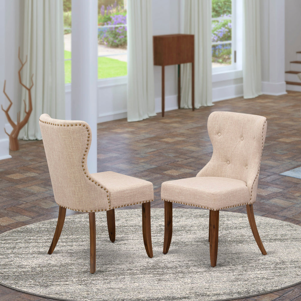 Luxe by East West Furniture NKSI7-AWA-04 7-piece Modern Dining Table Set includes a Kitchen Table and 6 Light Tan Linen Fabric Dining room Chairs with Button tufted Back - Antique Walnut Finish
