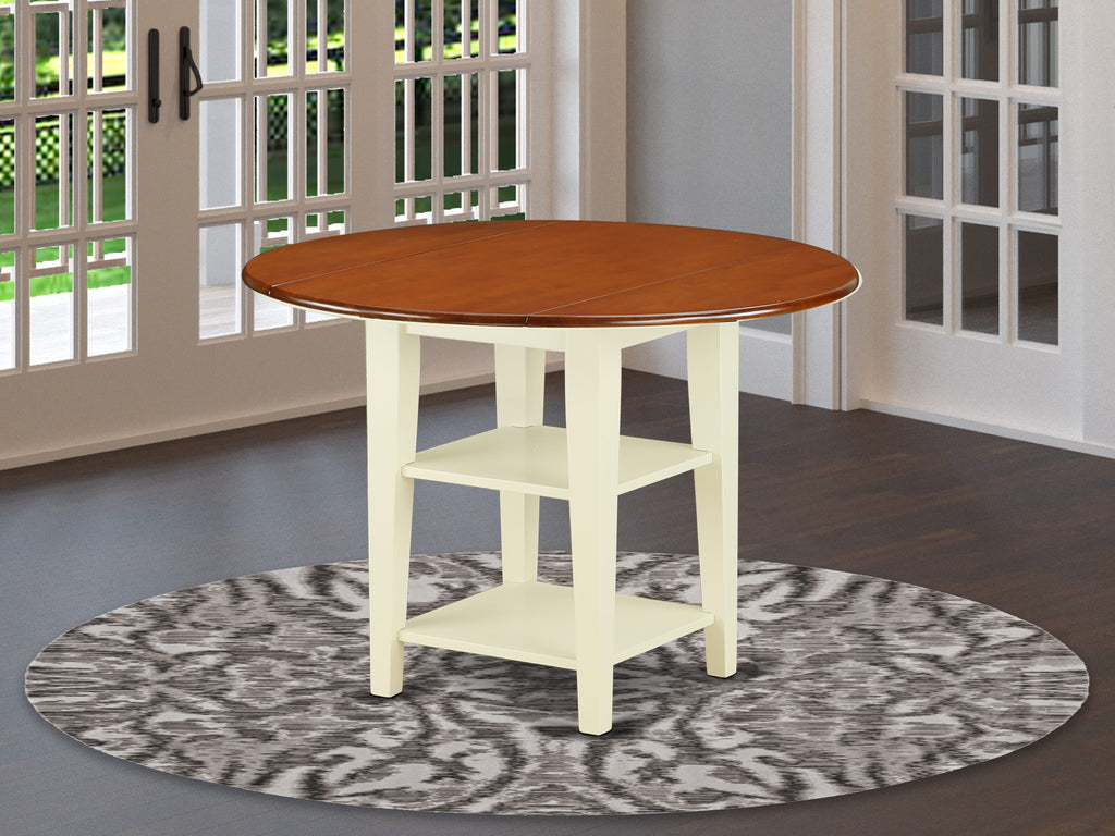 East West Furniture SUT-BMK-T Sudbury Dining Room Table - a Round kitchen Table Top with Dropleaf & 2 shelves