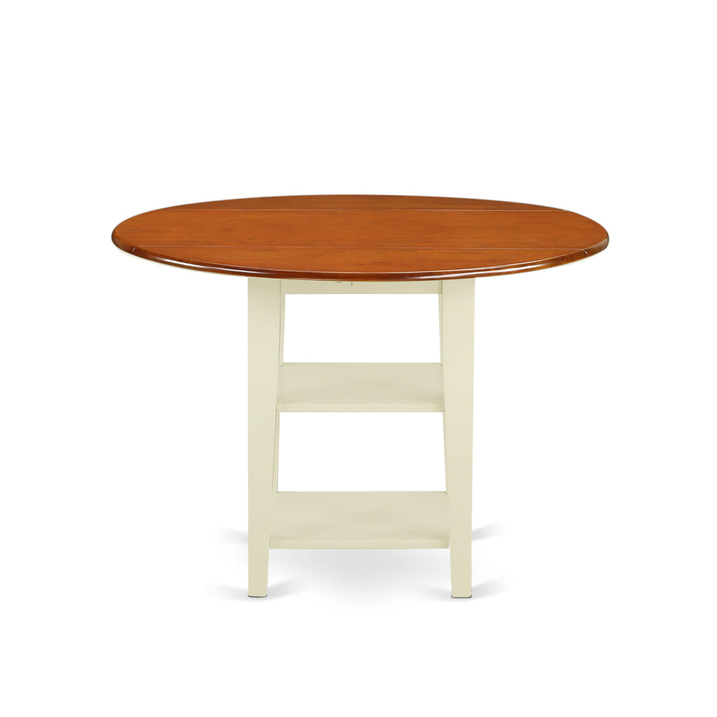 East West Furniture SUT-BMK-T Sudbury Dining Room Table - a Round kitchen Table Top with Dropleaf & 2 shelves