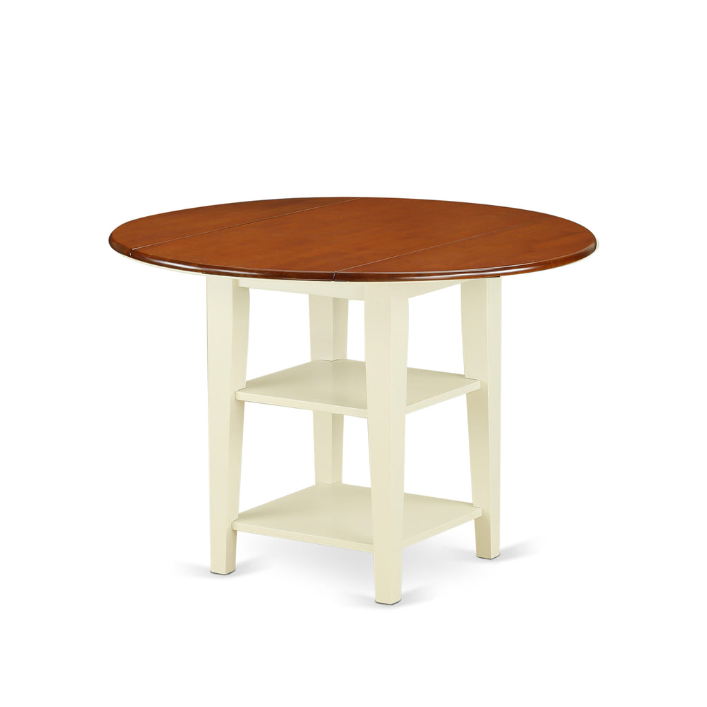 East West Furniture SUT-BMK-T Sudbury Dining Room Table - a Round kitchen Table Top with Dropleaf & 2 shelves