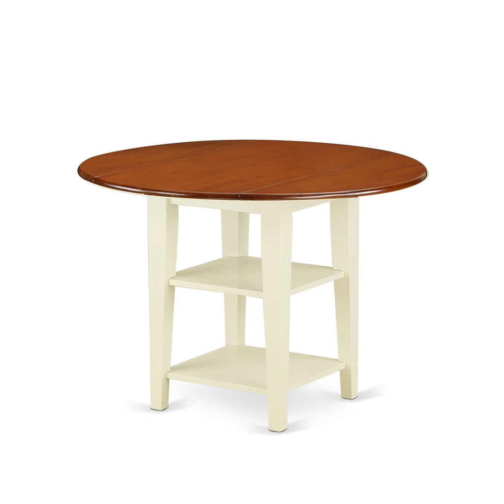East West Furniture SUT-BMK-T Sudbury Dining Room Table - a Round kitchen Table Top with Dropleaf & 2 shelves
