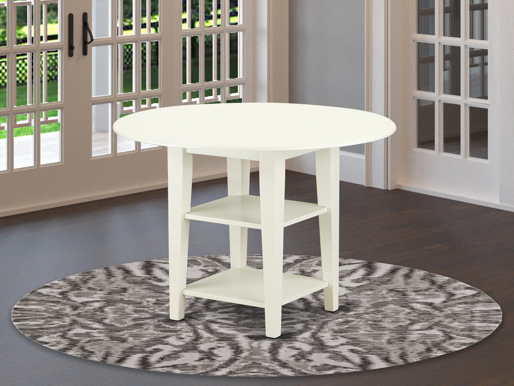 East West Furniture SUT-LWH-T Sudbury Modern Dining Table - a Round Kitchen Table Top with Dropleaf & 2 shelves