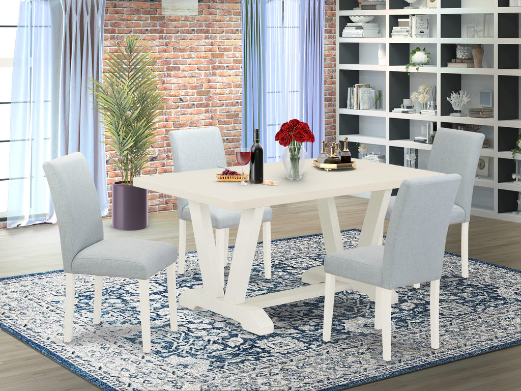 East West Furniture 5-Piece Dining Set Includes 4 Dining Room Chairs with Upholstered Seat and High Back and a Rectangular Dining Table - Linen White Finish