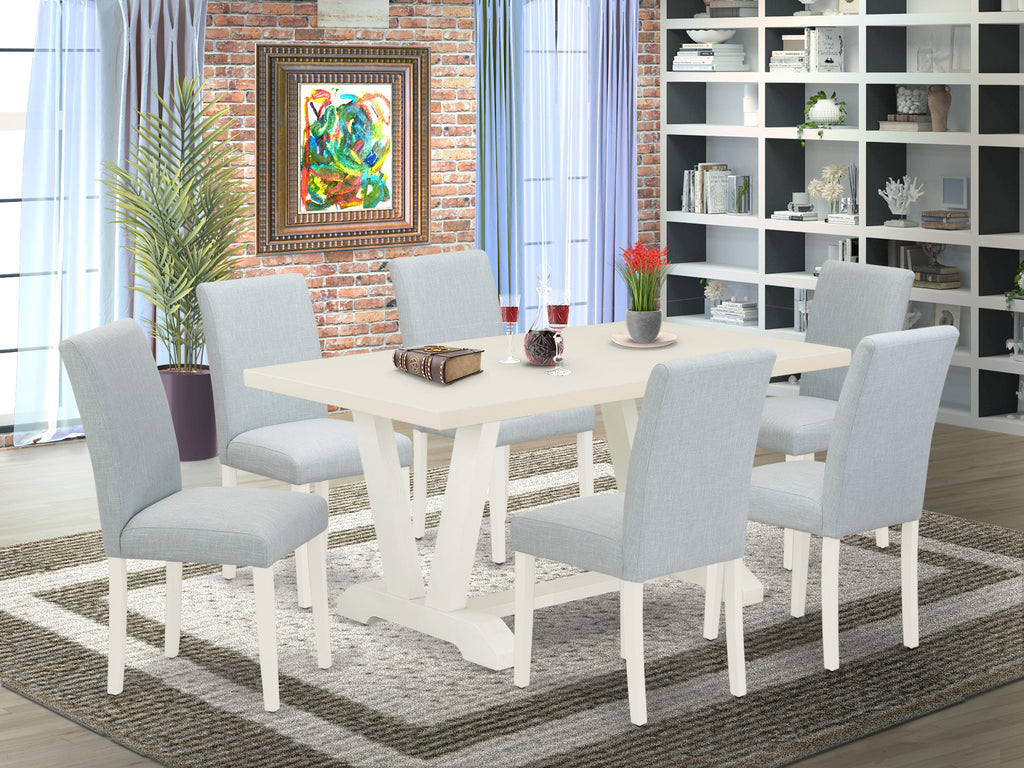 East West Furniture 7-Piece Dinette Set Includes 6 Modern Chairs with Upholstered Seat and High Back and a Rectangular Wooden Dining Table - Linen White Finish