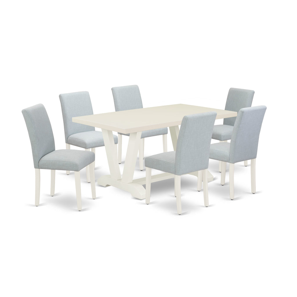 East West Furniture 7-Piece Dinette Set Includes 6 Modern Chairs with Upholstered Seat and High Back and a Rectangular Wooden Dining Table - Linen White Finish