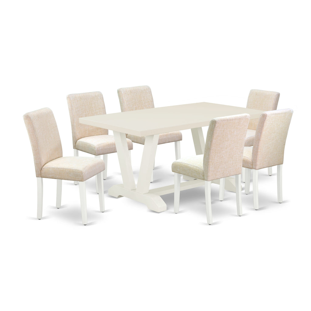 East West Furniture V026AB202-7 7-Pc Dining Room Table Set - 6 Parson Chairs and 1 Modern Rectangular Linen White Wooden Dining Table with High Chair Back - Linen White Finish
