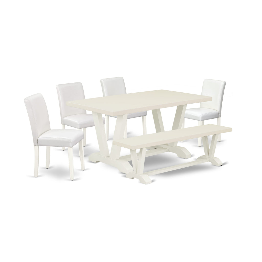 East West Furniture V026AB264-6 6-Piece Beautiful Dinette Set a Great Linen White Modern Dining Table Top - Linen White Dining Bench - 4 Excellent Pu Leather Dining Room Chairs with Stylish Chair Back