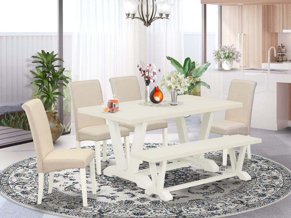 East West Furniture 6-Piece Dinette Table Set-Luxurious cream linen fabric Seat and High Stylish Chair Back Parson chairs