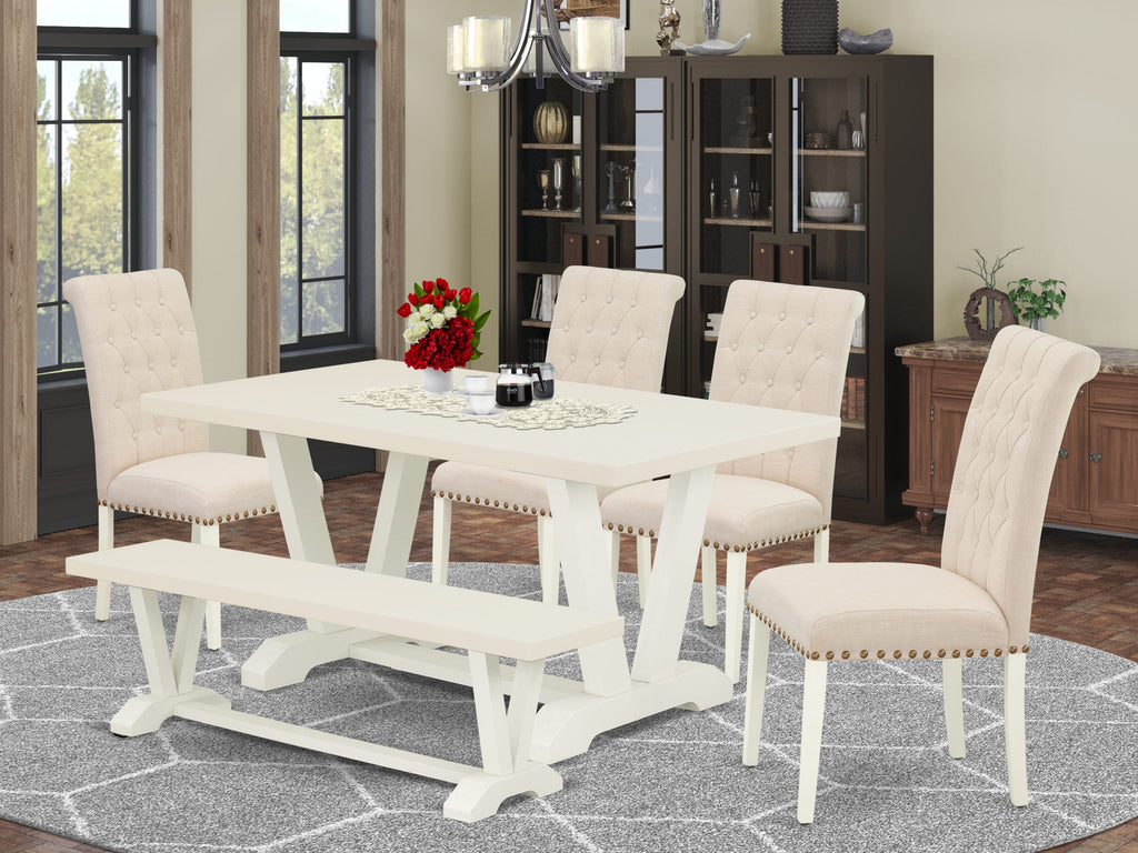 East West Furniture 6-Pc Wooden Dining Table Set-Light Beige Linen Fabric Seat and Button Tufted Chair Back Dining chairs