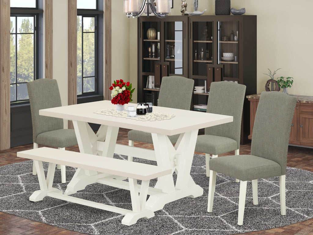 East West Furniture 6-Piece Table Dining Set-Dark Shitake Linen Fabric Seat and Stylish Chair Back Kitchen chairs