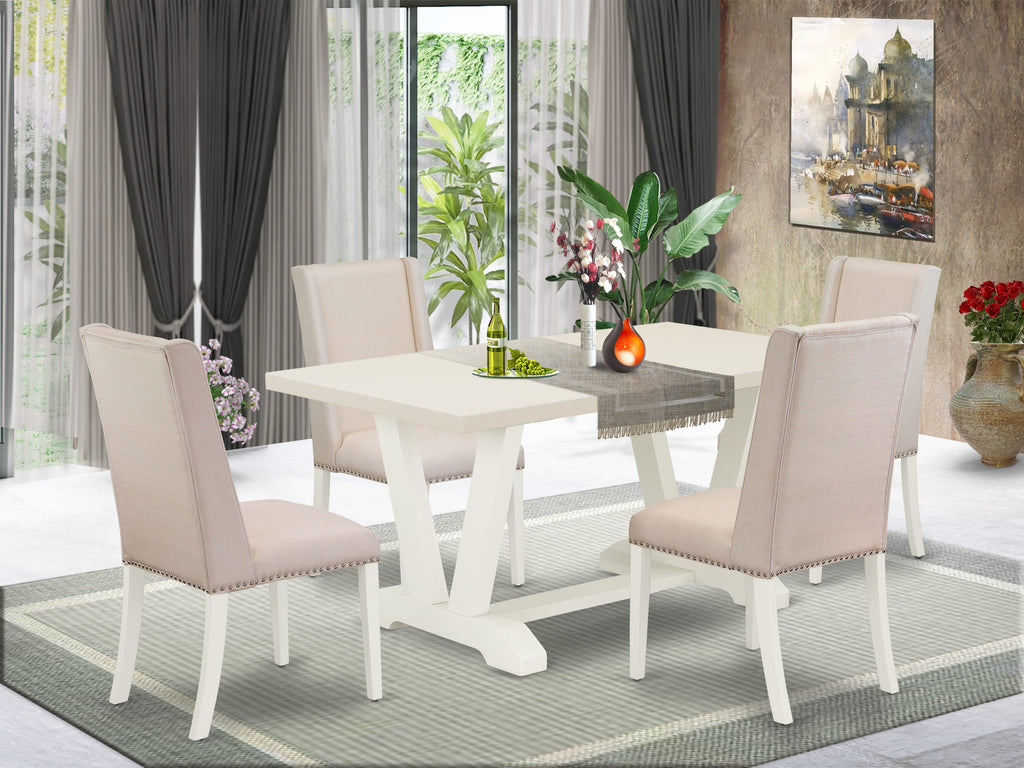 East West Furniture 5-Piece Modern Dining Table Set Included 4 Kitchen Dining chairs Upholstered Nails Head Seat and Stylish Chair Back and Rectangular Table with Linen White Table Top - Linen White Finish