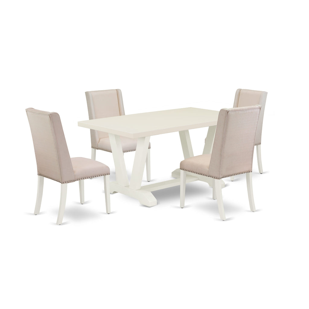 East West Furniture 5-Piece Modern Dining Table Set Included 4 Kitchen Dining chairs Upholstered Nails Head Seat and Stylish Chair Back and Rectangular Table with Linen White Table Top - Linen White Finish