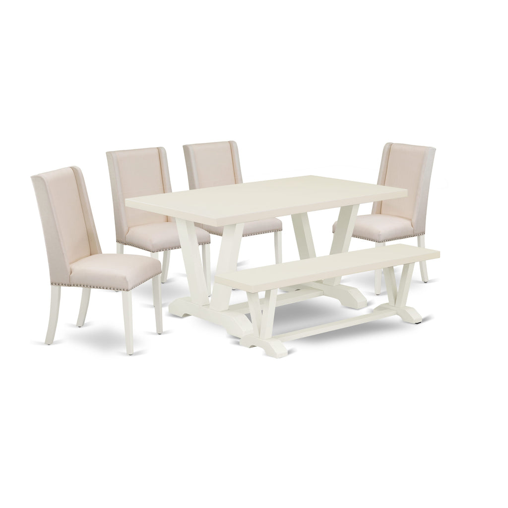 East West Furniture 6-Piece Dinette Set-Cream Color Linen Fabric Seat and High Stylish Chair Back Kitchen chairs