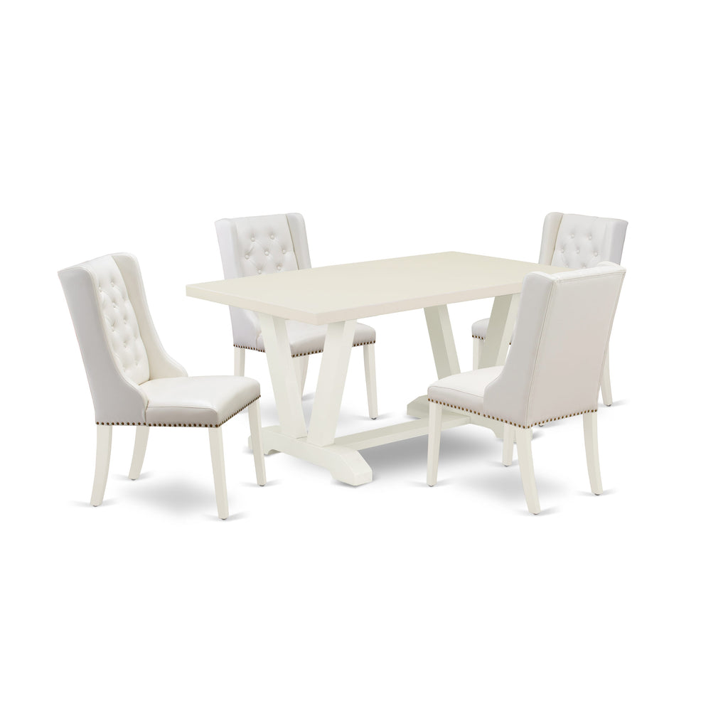 East West Furniture V026FO244-5 5-Piece Dining Table Set Consists of 4 White Pu Leather Kitchen Chair Button Tufted with Nailheads and Modern Dining Table - Linen White Finish