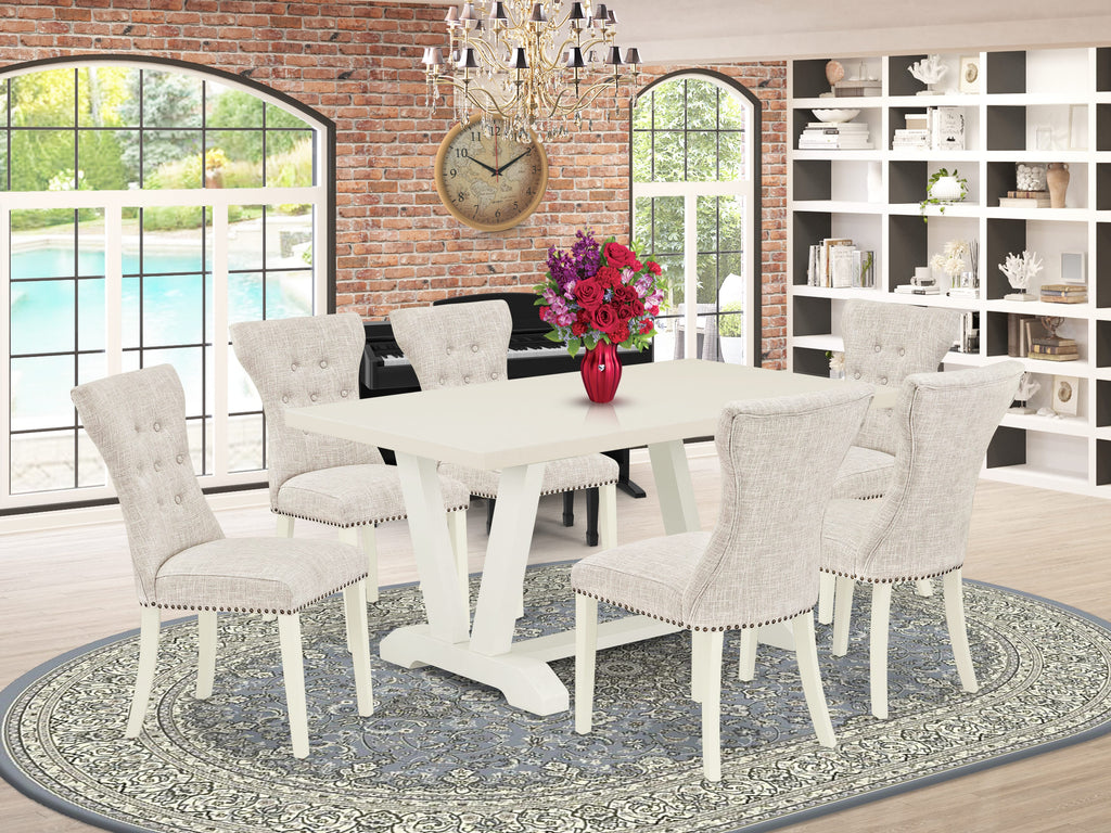 East West Furniture V026GA235-7 7 Piece Dinette Set Consist of a Rectangle Dining Room Table with V-Legs and 6 Doeskin Linen Fabric Parsons Dining Chairs, 36x60 Inch, Multi-Color