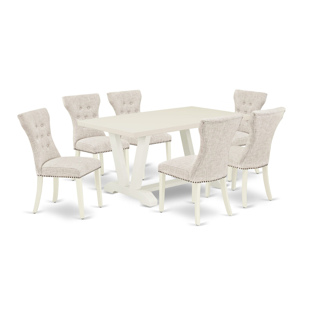 East West Furniture V026GA235-7 7 Piece Dinette Set Consist of a Rectangle Dining Room Table with V-Legs and 6 Doeskin Linen Fabric Parsons Dining Chairs, 36x60 Inch, Multi-Color