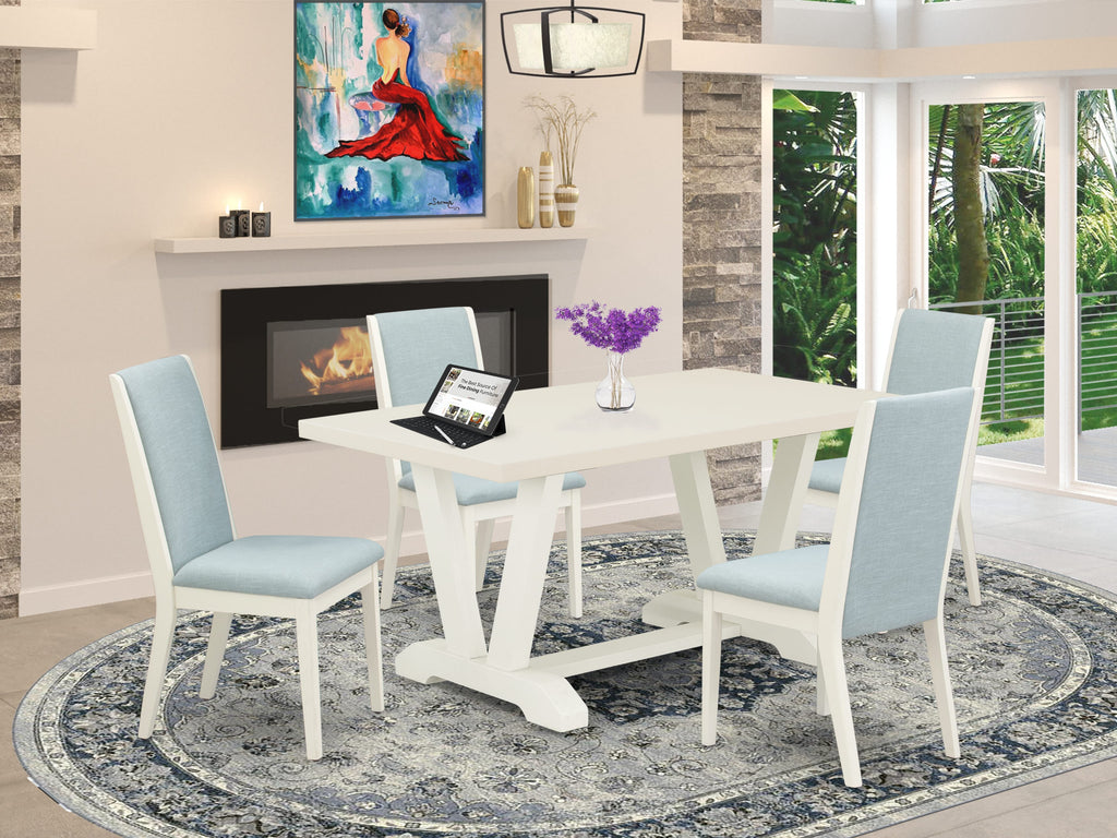 East West Furniture V026LA015-5 5Pc Kitchen Table Set Includes a Wood Table and 4 Parson Dining Chairs with Baby Blue Color Linen Fabric