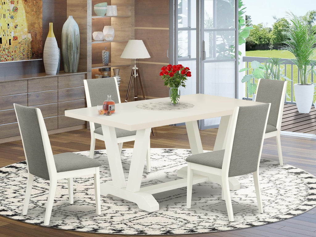 East West Furniture V026LA206-5 5-Piece Fashionable Dining Room Set a Superb Linen White dining table Top and 4 Lovely Linen Fabric Dining Chairs with Stylish Chair Back