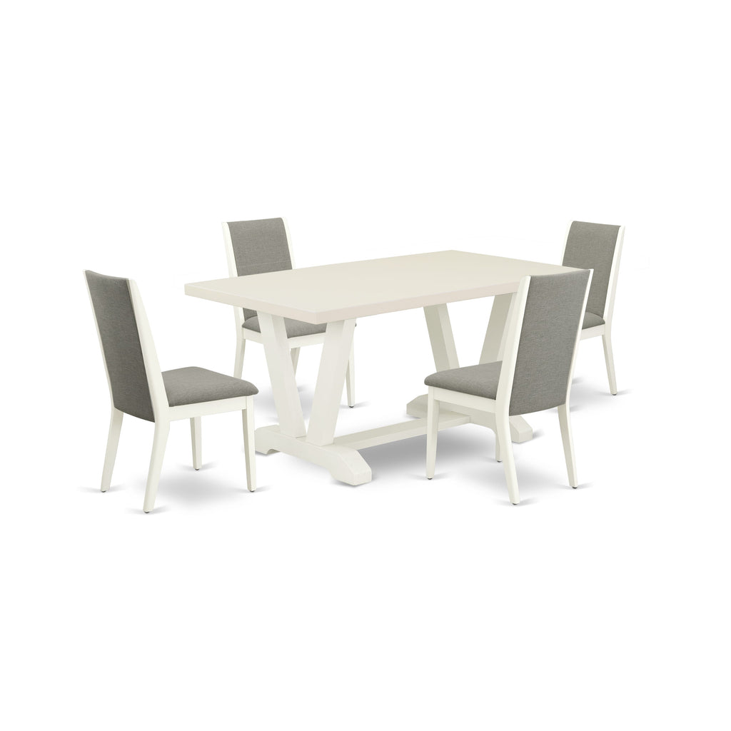 East West Furniture V026LA206-5 5-Piece Fashionable Dining Room Set a Superb Linen White dining table Top and 4 Lovely Linen Fabric Dining Chairs with Stylish Chair Back