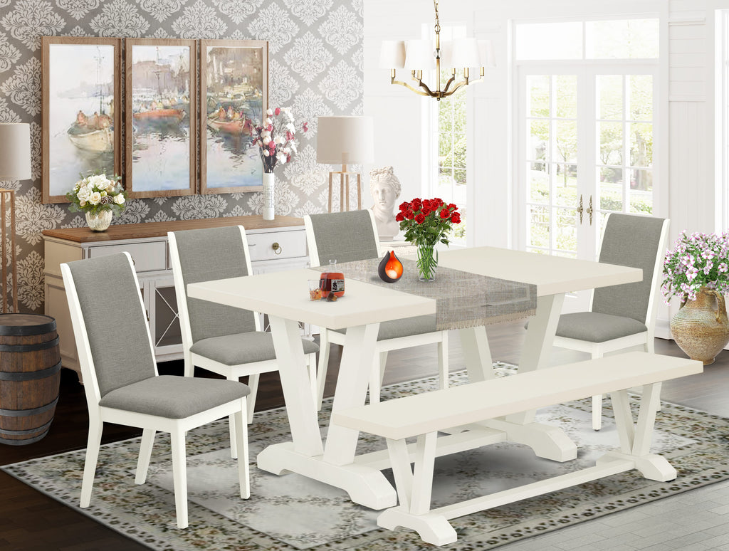 East West Furniture V026LA206-6 6-Piece Stylish Modern Dining Table Set an Outstanding Linen White Dining Room Table Top and Linen White Wooden Bench Indoor and 4 Awesome Linen Fabric Padded Chairs with Stylish Chair Back