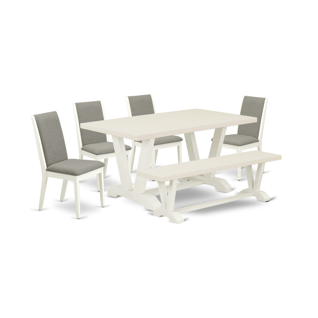 East West Furniture V026LA206-6 6-Piece Stylish Modern Dining Table Set an Outstanding Linen White Dining Room Table Top and Linen White Wooden Bench Indoor and 4 Awesome Linen Fabric Padded Chairs with Stylish Chair Back