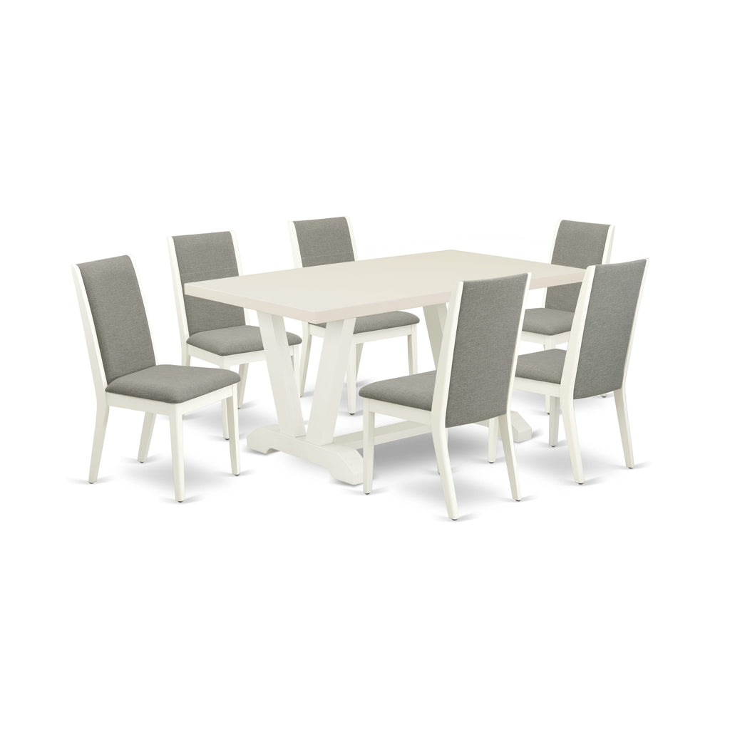East West Furniture V026LA206-7 7-Piece Fashionable Dinette Set an Excellent Linen White Dining Room Table Top and 6 Excellent Linen Fabric Dining Room Chairs with Stylish Chair Back
