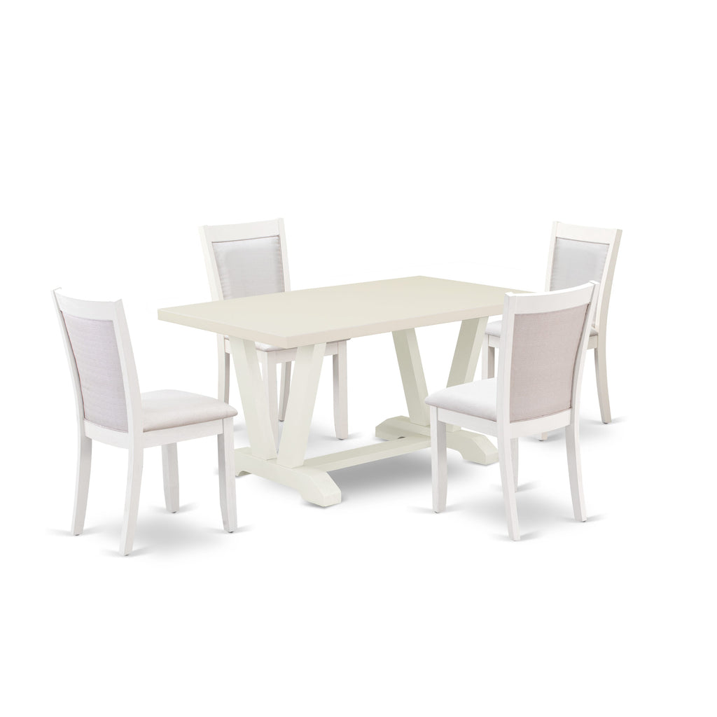 East West Furniture V026MZ001-5 5 Piece Dining Table Set for 4 Includes a Rectangle Kitchen Table with V-Legs and 4 Cream Linen Fabric Upholstered Chairs, 36x60 Inch, Multi-Color