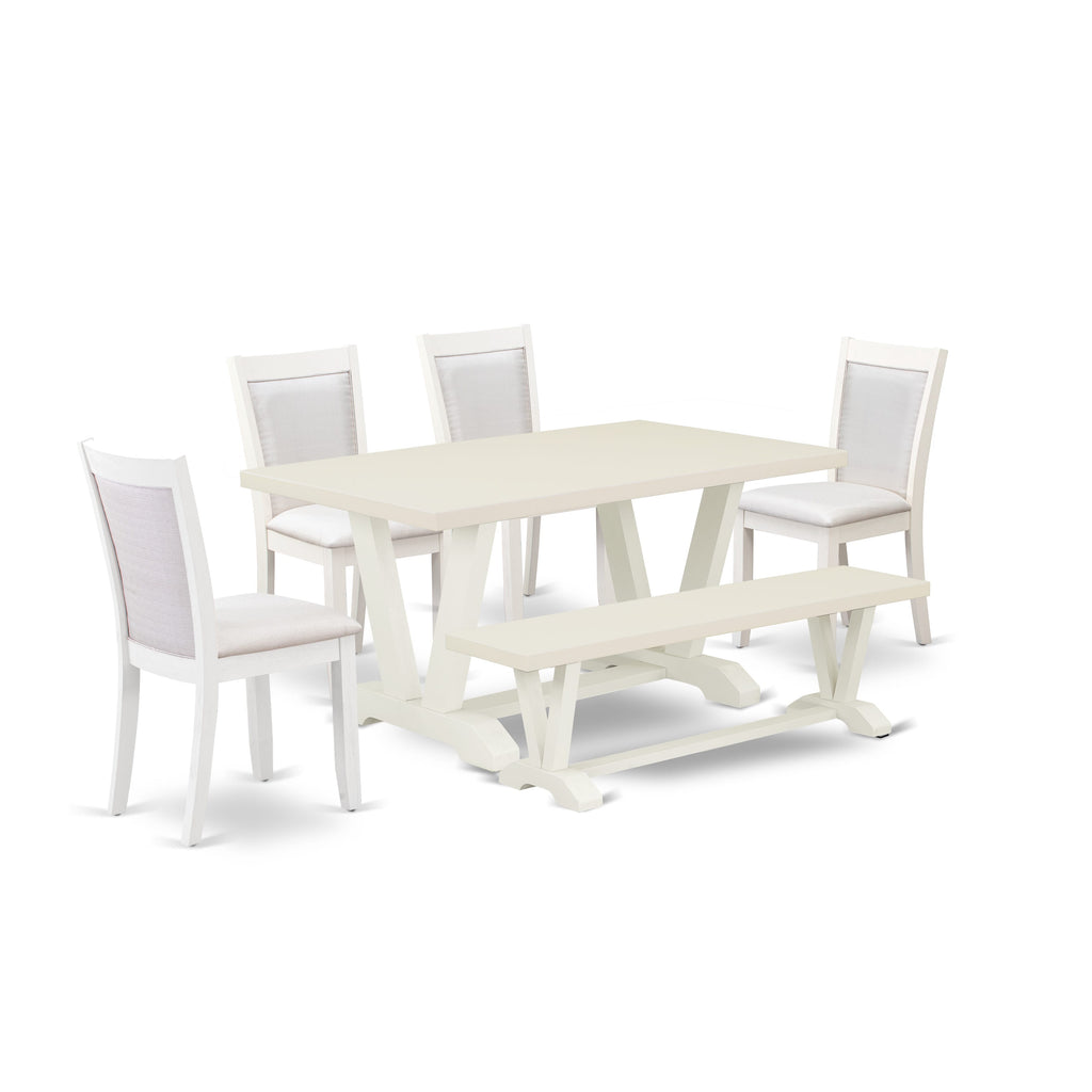 East West Furniture V026MZ001-6 6 Piece Dining Table Set Contains a Rectangle Table with V-Legs and 4 Cream Linen Fabric Upholstered Chairs with a Bench, 36x60 Inch, Multi-Color