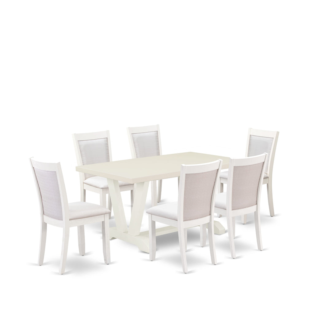 East West Furniture V026MZ001-7 7 Piece Modern Dining Table Set Consist of a Rectangle Wooden Table with V-Legs and 6 Cream Linen Fabric Upholstered Chairs, 36x60 Inch, Multi-Color