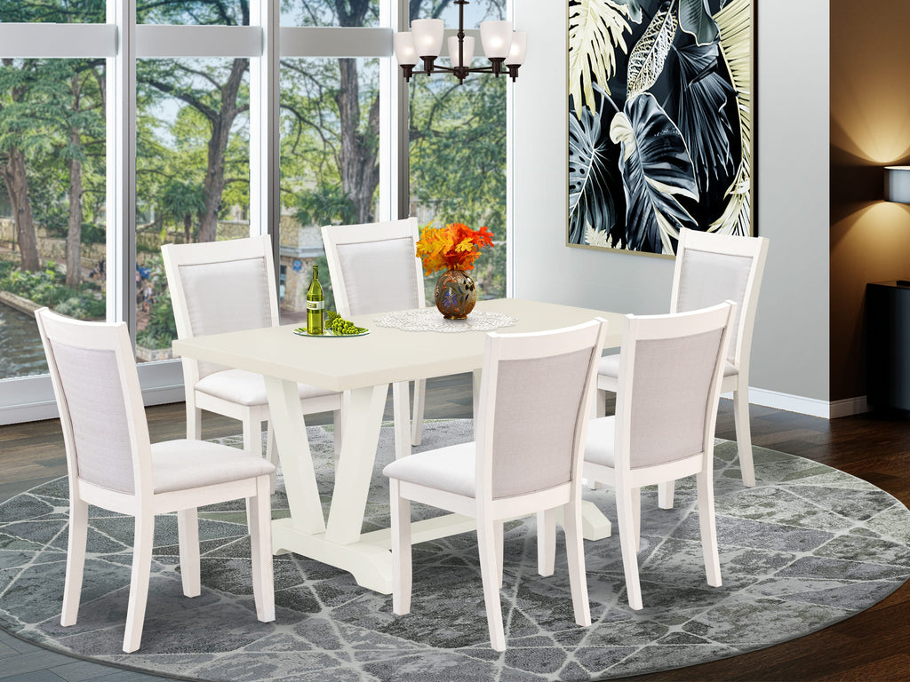 East West Furniture V026MZ001-7 7 Piece Modern Dining Table Set Consist of a Rectangle Wooden Table with V-Legs and 6 Cream Linen Fabric Upholstered Chairs, 36x60 Inch, Multi-Color