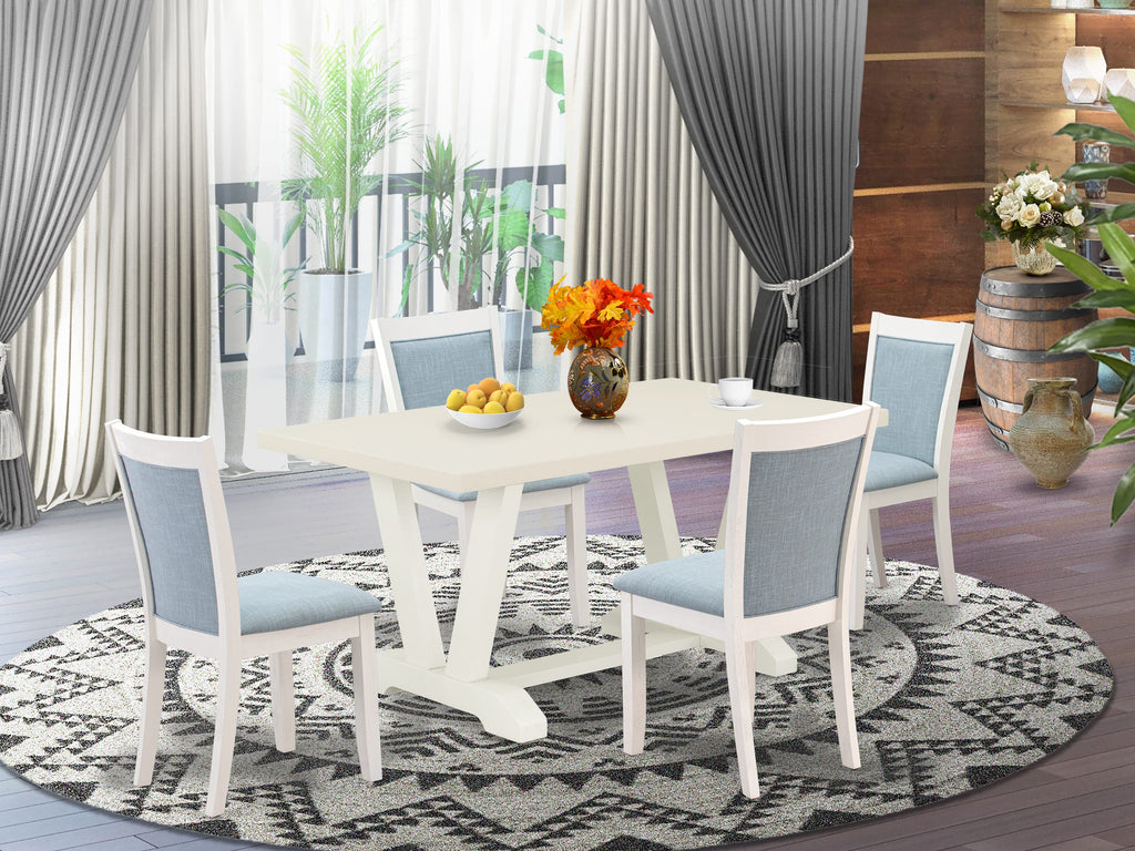 East West Furniture V026MZ015-5 5 Piece Kitchen Table & Chairs Set Includes a Rectangle Dining Room Table with V-Legs and 4 Baby Blue Linen Fabric Parson Chairs, 36x60 Inch, Multi-Color
