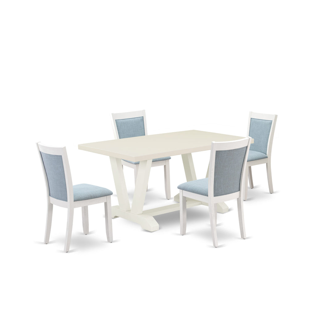 East West Furniture V026MZ015-5 5 Piece Kitchen Table & Chairs Set Includes a Rectangle Dining Room Table with V-Legs and 4 Baby Blue Linen Fabric Parson Chairs, 36x60 Inch, Multi-Color