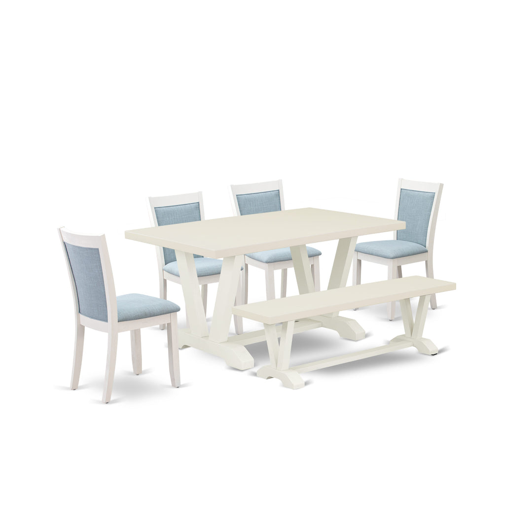 East West Furniture V026MZ015-6 6 Piece Dining Set Contains a Rectangle Dining Room Table with V-Legs and 4 Baby Blue Linen Fabric Parson Chairs with a Bench, 36x60 Inch, Multi-Color