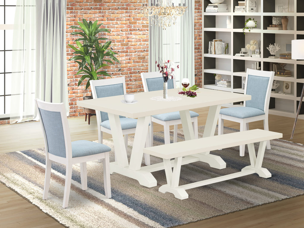 East West Furniture V026MZ015-6 6 Piece Dining Set Contains a Rectangle Dining Room Table with V-Legs and 4 Baby Blue Linen Fabric Parson Chairs with a Bench, 36x60 Inch, Multi-Color