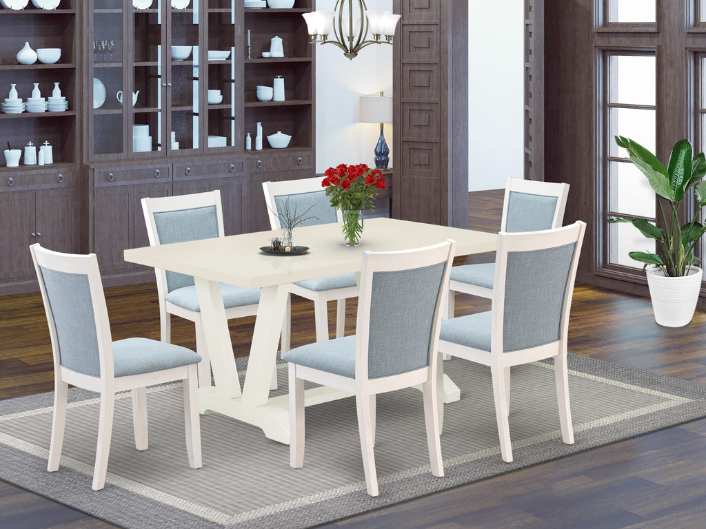 East West Furniture V026MZ015-7 7 Piece Modern Dining Table Set Consist of a Rectangle Wooden Table with V-Legs and 6 Baby Blue Linen Fabric Parson Dining Chairs, 36x60 Inch, Multi-Color
