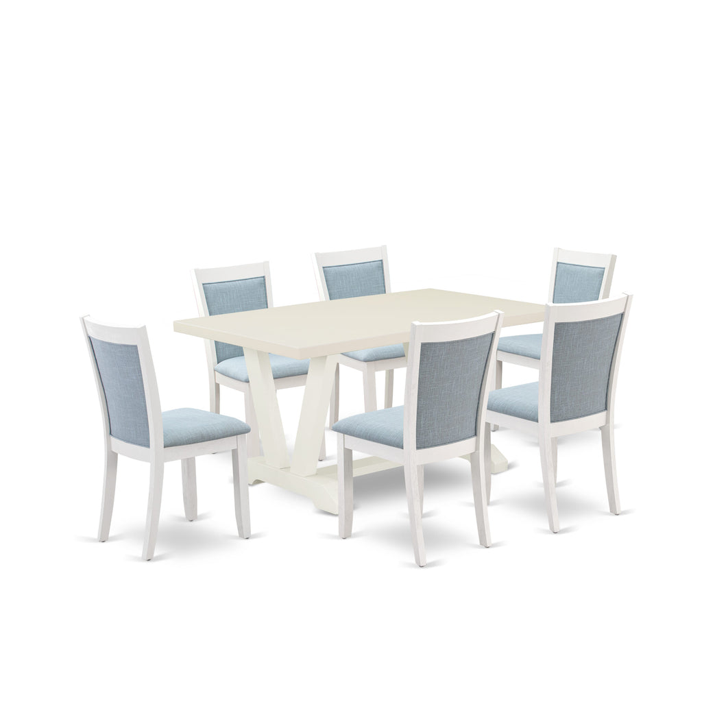 East West Furniture V026MZ015-7 7 Piece Modern Dining Table Set Consist of a Rectangle Wooden Table with V-Legs and 6 Baby Blue Linen Fabric Parson Dining Chairs, 36x60 Inch, Multi-Color
