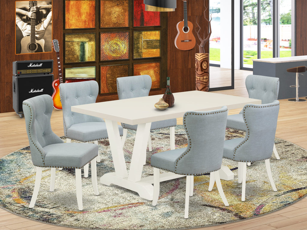 East West Furniture V026SI215-7 7-Pc Modern Dining Set- 6 Upholstered Dining Chairs with Baby Blue Linen Fabric Seat and Button Tufted Chair Back - Rectangular Table Top & Wooden Legs - Linen White Finish