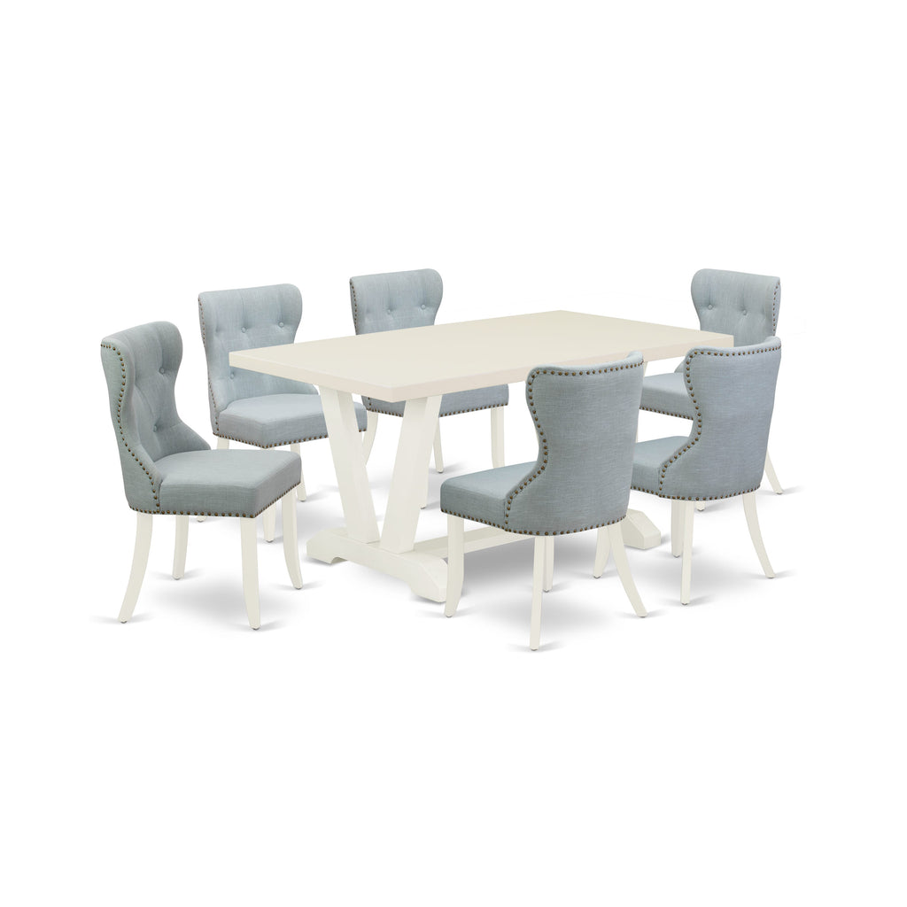 East West Furniture V026SI215-7 7-Pc Modern Dining Set- 6 Upholstered Dining Chairs with Baby Blue Linen Fabric Seat and Button Tufted Chair Back - Rectangular Table Top & Wooden Legs - Linen White Finish