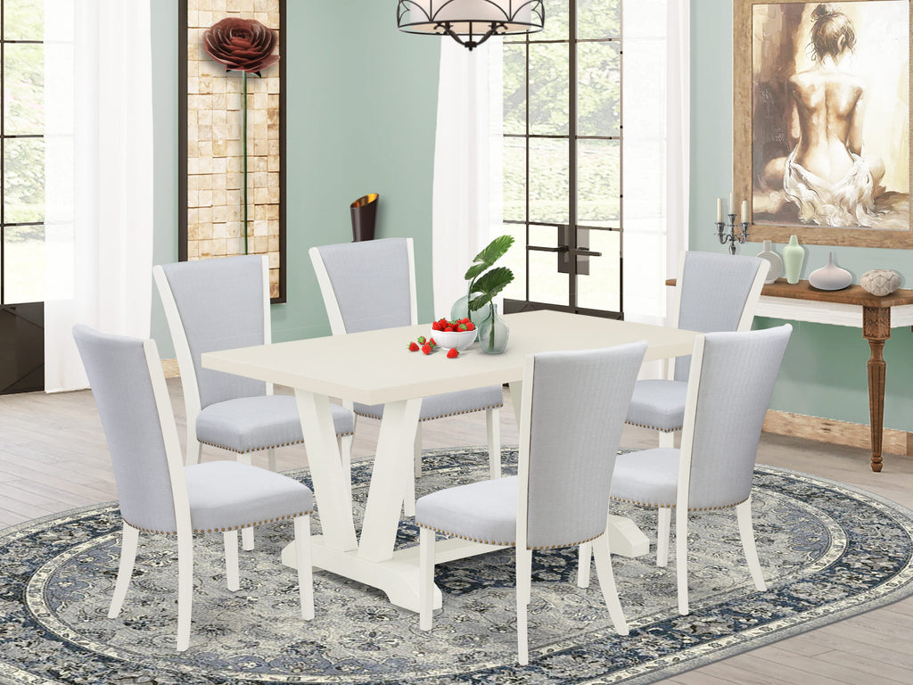 East West Furniture 7-Pc Dining Table Set Consists of 6 Modern Chairs with Upholstered Seat and Stylish Back-Rectangular Kitchen Dining Table - Linen White and Wirebrushed Linen White Finish