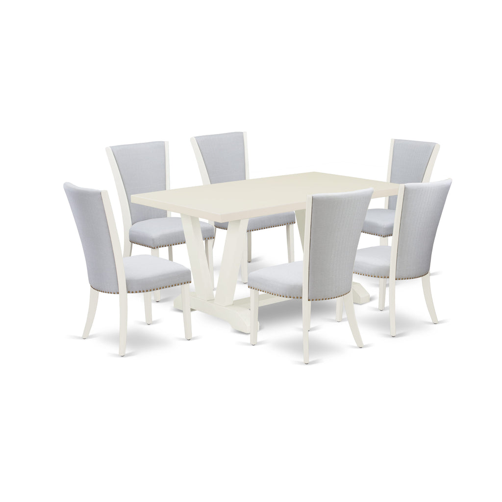 East West Furniture 7-Pc Dining Table Set Consists of 6 Modern Chairs with Upholstered Seat and Stylish Back-Rectangular Kitchen Dining Table - Linen White and Wirebrushed Linen White Finish