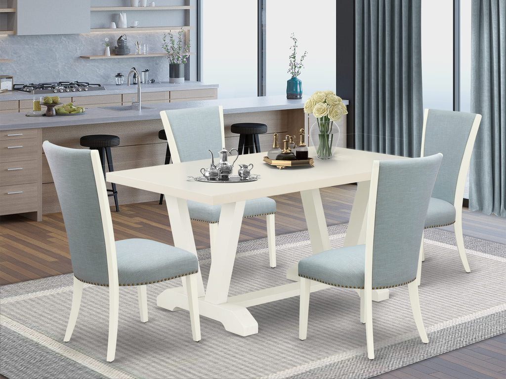 East West Furniture X096VE215-5 5 Piece Dining Room Table Set - 4 Baby Blue Linen Fabric Parson Chairs with Nailheads and Cement Wooden Dining Room Table - Linen White Finish