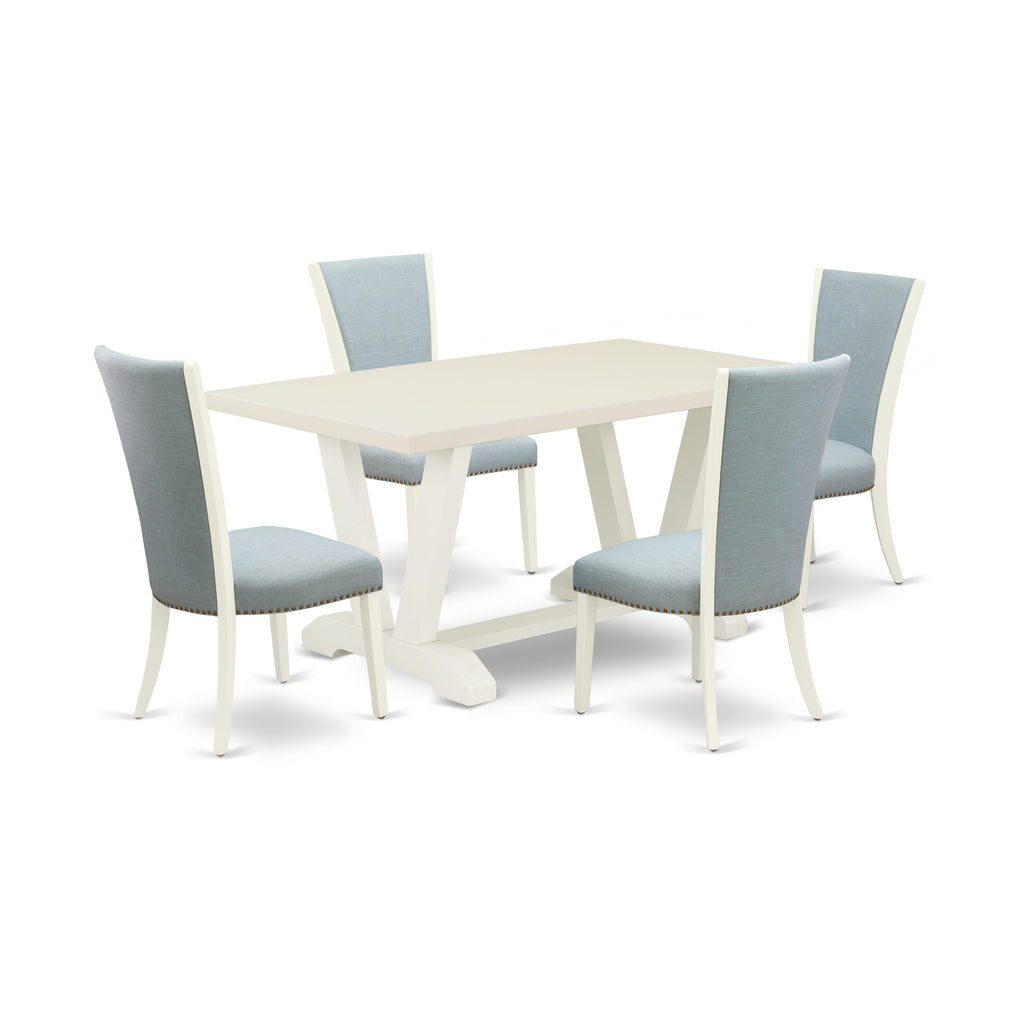 East West Furniture X096VE215-5 5 Piece Dining Room Table Set - 4 Baby Blue Linen Fabric Parson Chairs with Nailheads and Cement Wooden Dining Room Table - Linen White Finish