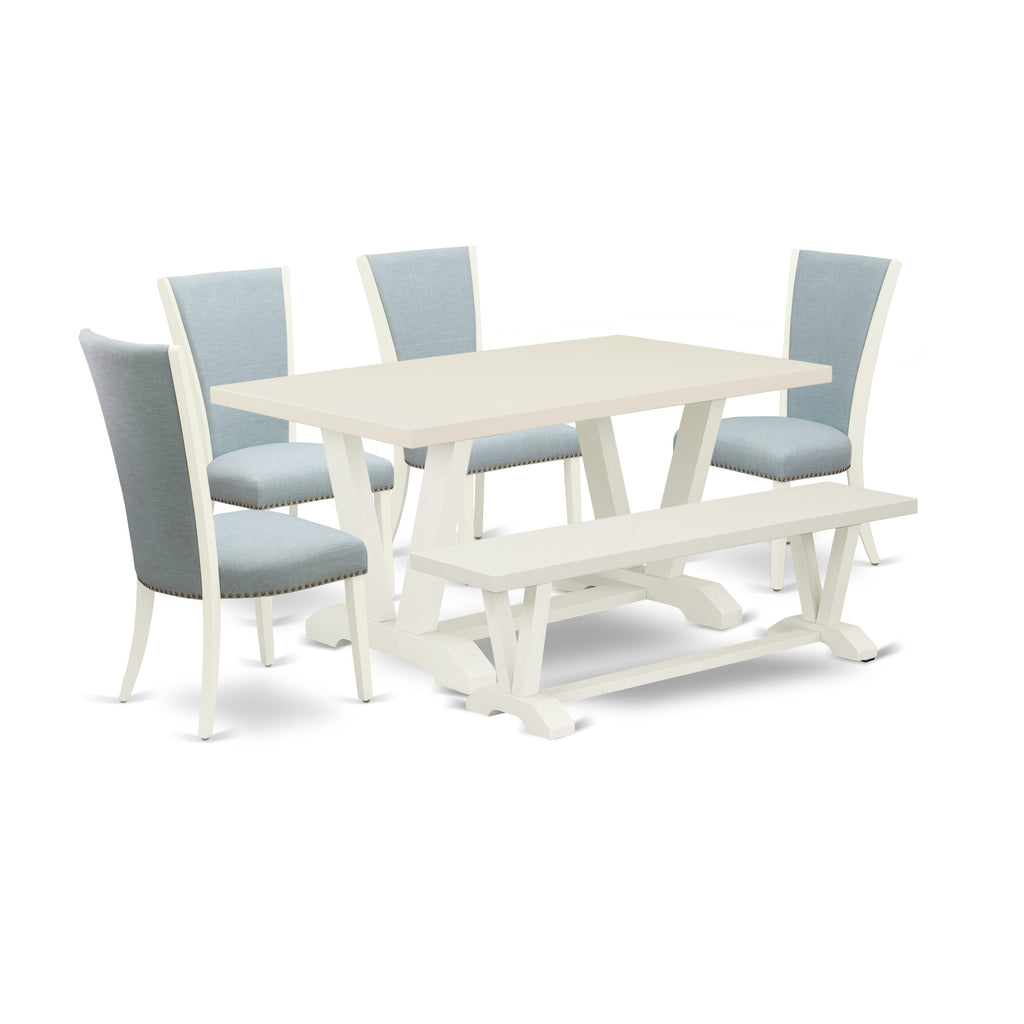 East West Furniture V026VE215-6 6 Piece Dining Set Contains a Rectangle Dining Room Table with V-Legs and 4 Baby Blue Linen Fabric Parson Chairs with a Bench