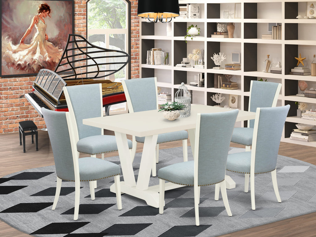 East West Furniture V026VE215-7 7 Piece Kitchen Table Set Consist of a Rectangle Dining Table with V-Legs and 6 Baby Blue Linen Fabric Parson Dining Room Chairs